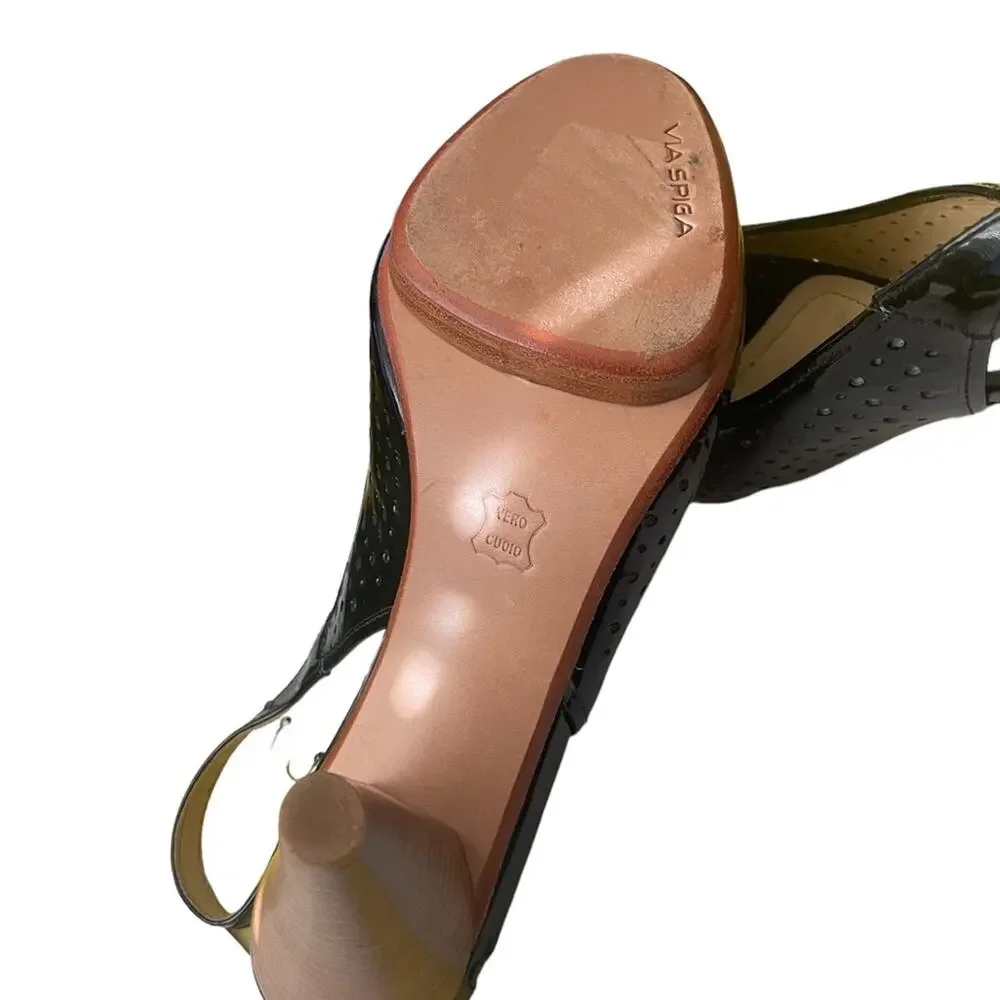 Via Spiga Sling Back Heels 9.5 Classic Perforated Leather Bow Peep Toe Black - Picture 7 of 9